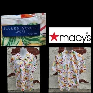 2X New women KAREN SCOTT Macy's fruits lemon short sleeve button shirt COTTON